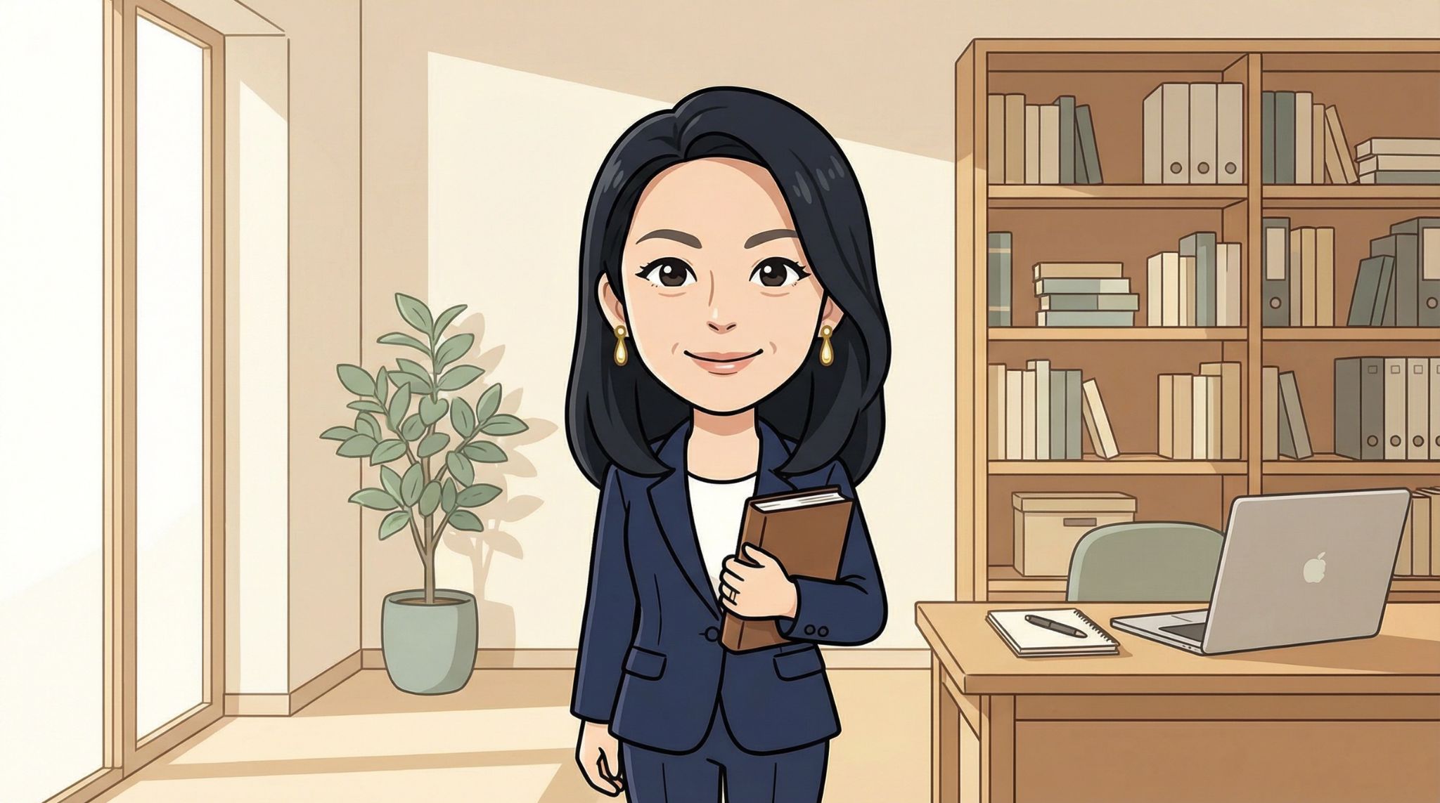 遺品整理アドバイザーの森田あかりが書斎で専門書を手に自信ある笑顔で立つ2Dイラスト｜遺品整理アドバイザー・整理収納アドバイザー1級のプロフィール