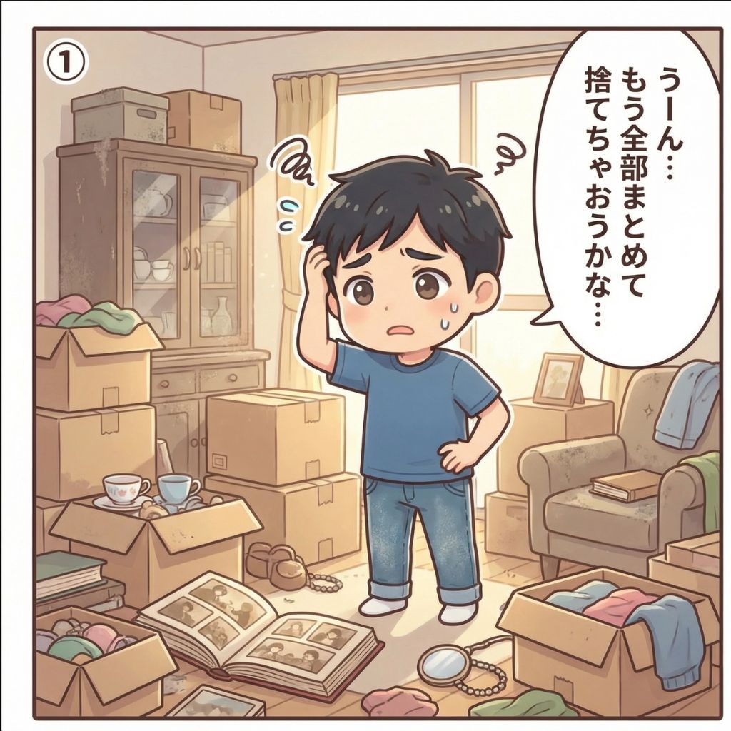 遺品の山を前に途方に暮れる男性が全部捨てようとする遺品整理の漫画イラスト