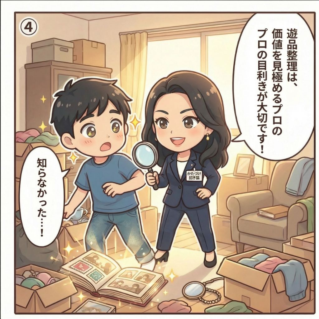 遺品整理のプロの目利きで価値ある遺品を発見し感謝される漫画イラスト