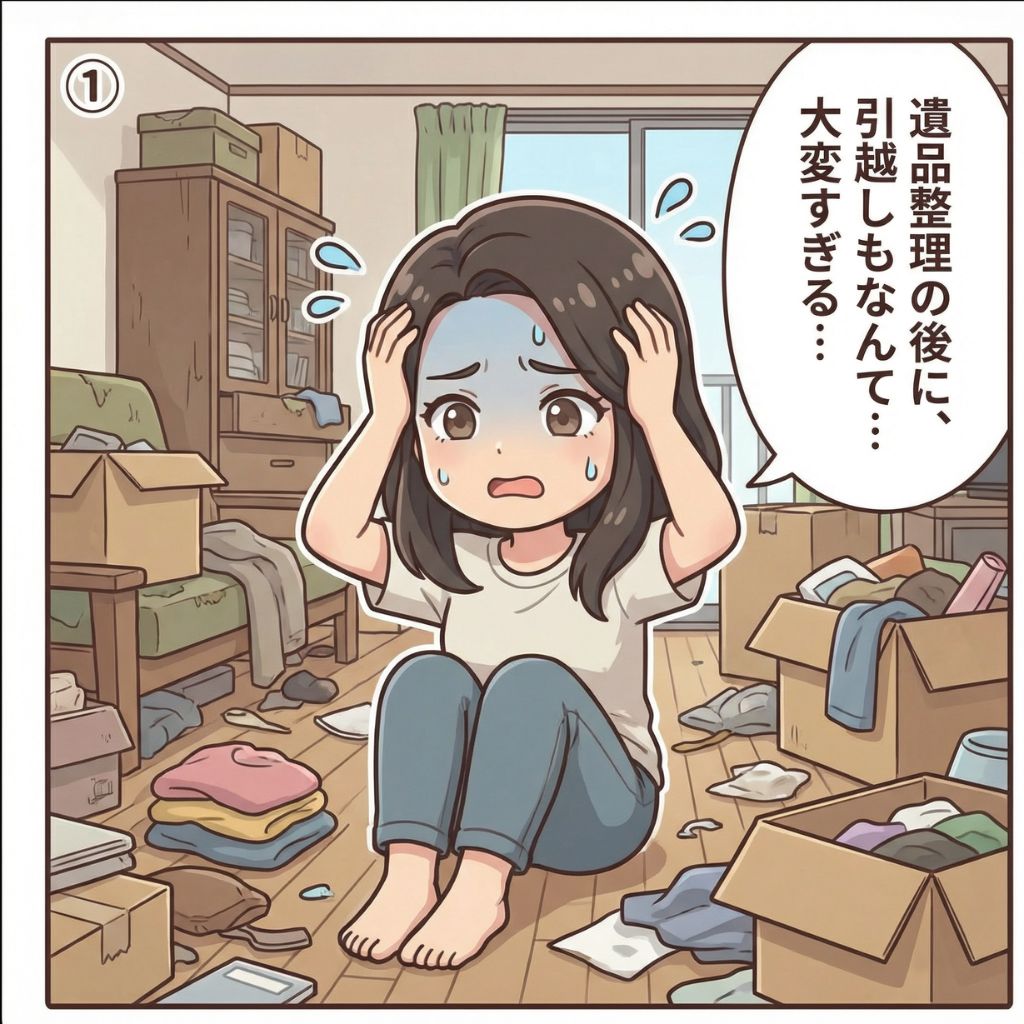 豊中市の遺品整理後に引越しも必要で頭を抱える依頼者の女性が困り果てている漫画イラスト