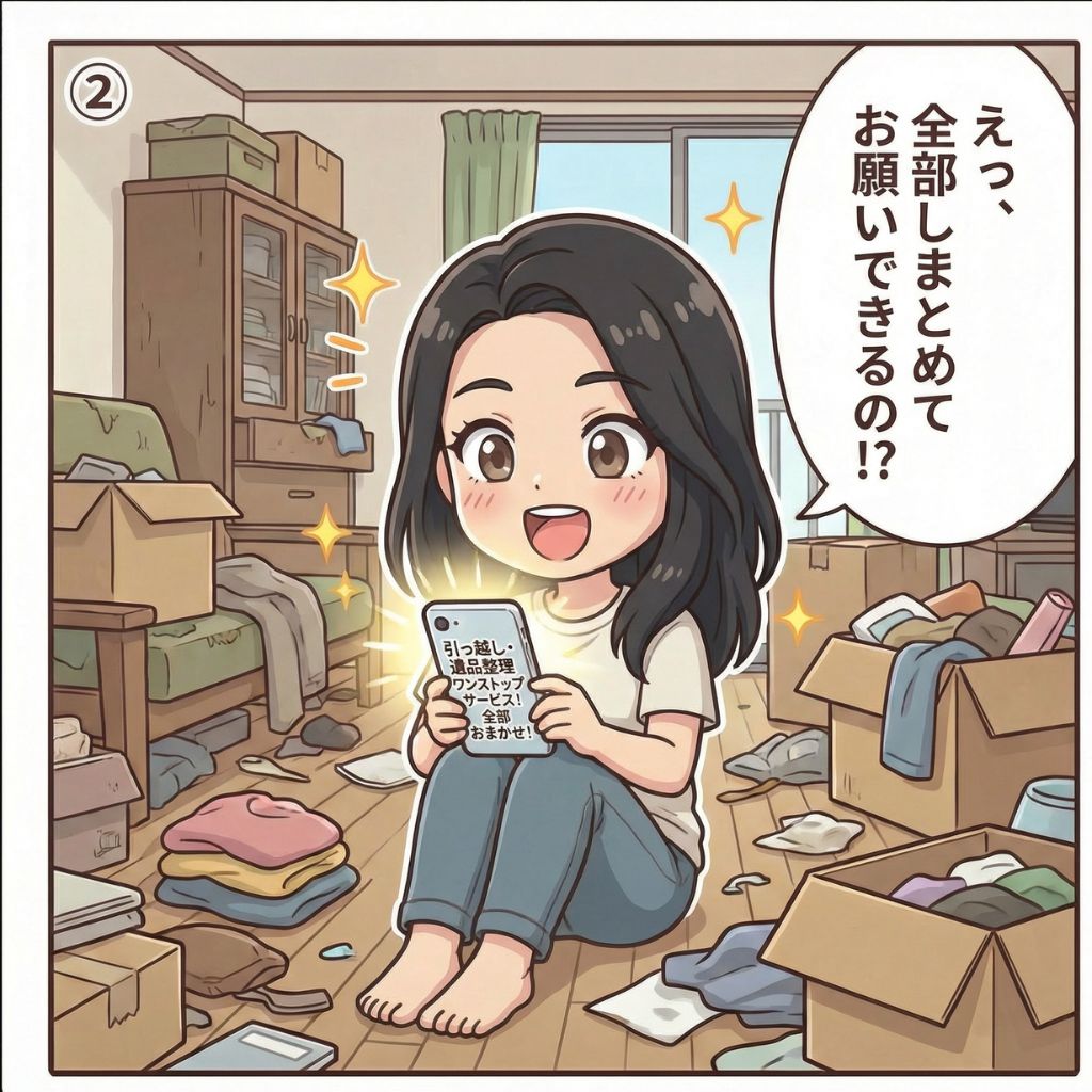 豊中市の遺品整理業者を調べてワンストップ対応サービスを発見し驚く依頼者の漫画イラスト