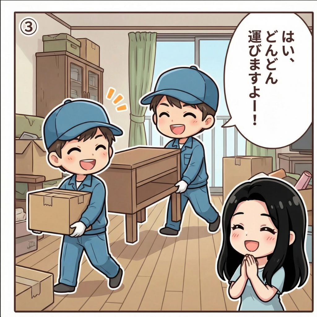 豊中市の遺品整理業者スタッフが遺品と家具を一括で搬出する作業シーンの漫画イラスト