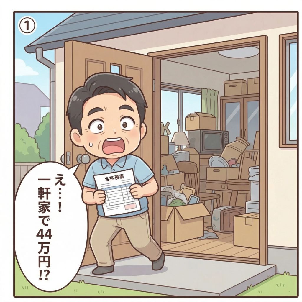 豊中市の一軒家で遺品整理の見積書を見て「44万円！？」と驚愕する依頼者の漫画イラスト