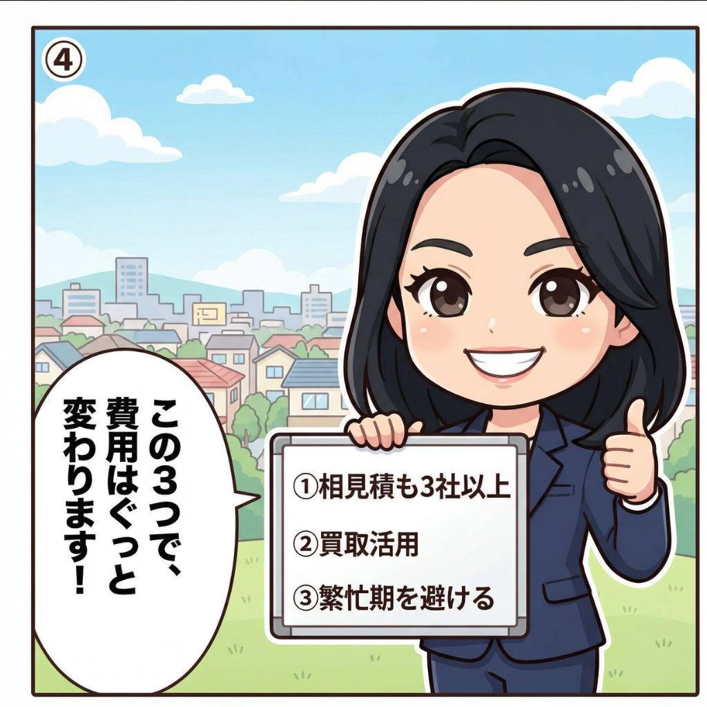 遺品整理アドバイザーが「相見積もり3社以上・買取活用・繁忙期を避ける」の3つのコツをボードで紹介する漫画イラスト
