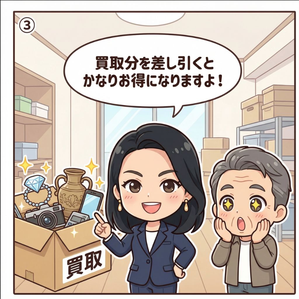 遺品整理アドバイザーが買取品（貴金属・カメラ・骨董品）を指差し「買取分を差し引くとかなりお得」と解説する漫画イラスト