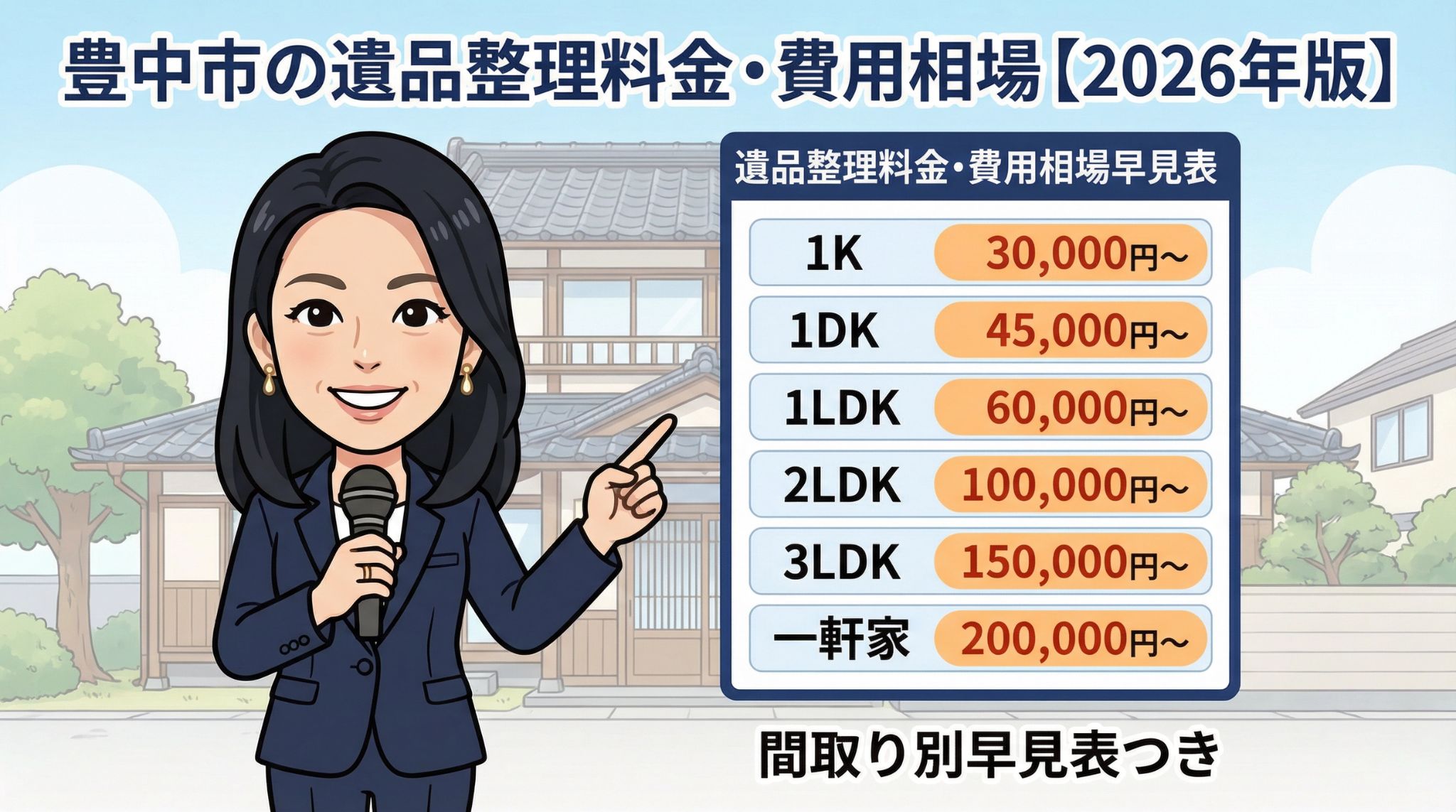 豊中市の遺品整理料金・費用相場【2026年版】間取り別早見表つき｜遺品整理アドバイザーの森田あかりが、1K・1DK・1LDK・2LDK・3LDK・一軒家の料金目安を解説