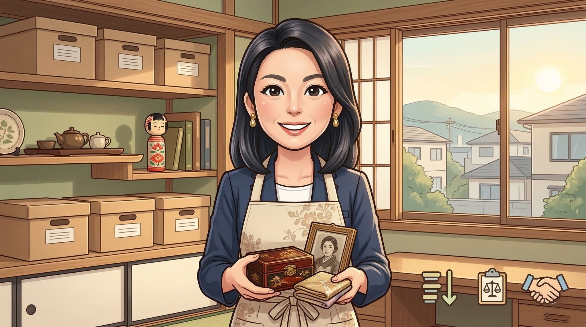 豊中市の遺品整理おすすめ業者を比較する記事のアイキャッチ画像。和室で写真や小箱などの大切な遺品を笑顔で丁寧に扱う女性スタッフのイラスト。