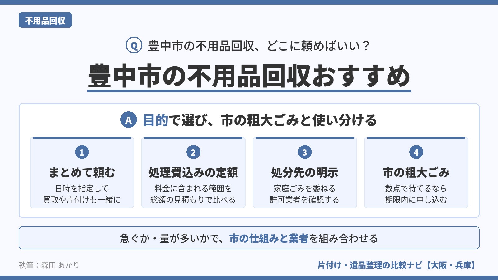 豊中市の不用品回収おすすめ業者を目的別に選ぶ観点と、市の粗大ごみとの使い分けをまとめた図解（まとめて頼む・処理費込み・処分先の明示）